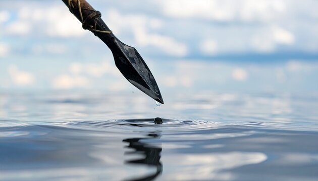 Primitive spear tip over water. Ancient hunting tool held above a calm lake surface.