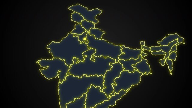 Animated glowing map of Delhi, India, with a highlighted outline on a dark background, ideal for geography, travel, news, and infographic projects.