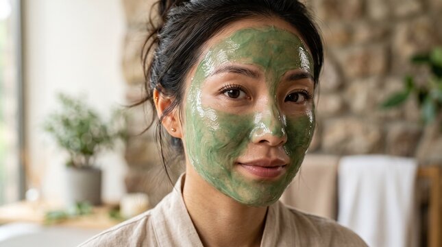 Portrait of young Asian woman with green clay mask in rustic bathroom, skincare wellness and beauty concept, natural lighting.