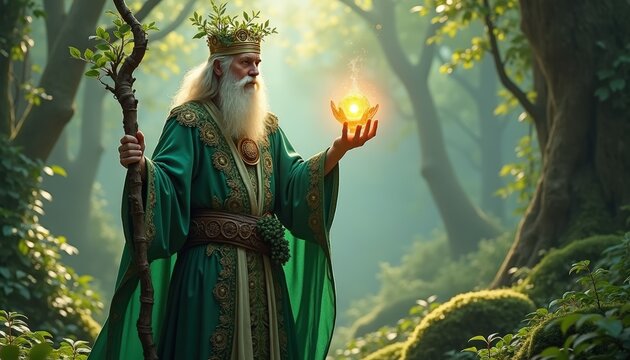 Old druid wizard with long white beard wearing green robes and leaf crown holding glowing light orb in forest, fantasy