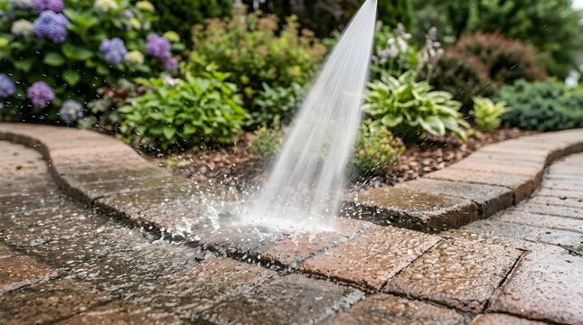 High pressure water jet cleaning stone brick pathway in lush garden for professional home exterior maintenance and restoration.