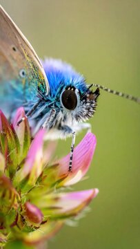 Close-up of a vibrant blue butterfly, face forward, delicately perched on a pink flower