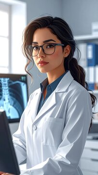 A healthcare professional wearing glasses and a lab coat looks confidently at the viewer
