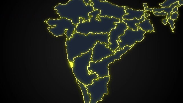 Animated glowing map of Goa, India, with a highlighted outline on a dark background, ideal for geography, travel, news, and infographic projects.