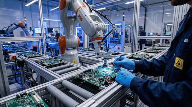 Engineer inspecting circuit board next to collaborative robot on assembly line in electronics factory, human and machine cooperation for quality control in modern industrial