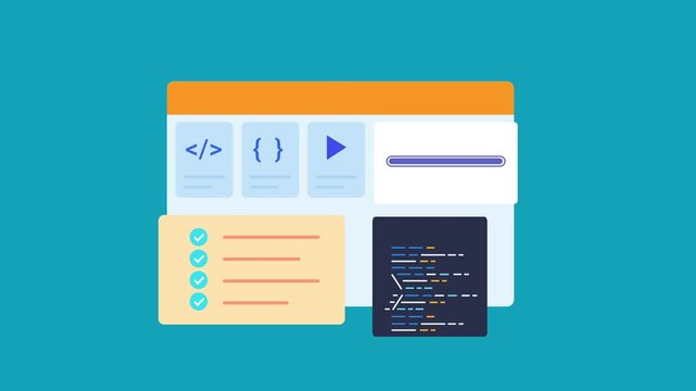 Flat vector animated software development dashboard featuring code editor, programming tools, documentation, and workflow interface. Ideal for coding, technology, and business motion graphics.
