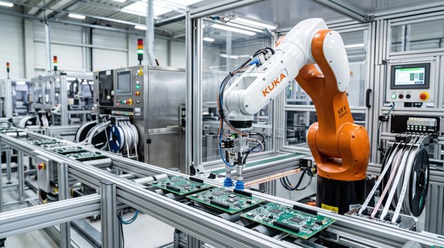 Orange industrial robot arm working on electronics manufacturing assembly line inside high-tech factory facility