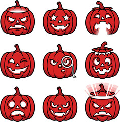 Obraz premium Halloween red pumpkin emoji expressions set with funny scary spooky faces vector illustration