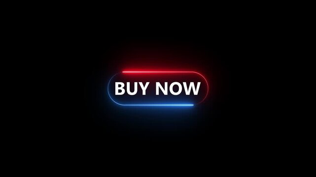 Neon Buy Now button icon animation with glowing red and blue light effects on black background, e-commerce marketing and digital sales interface, 4K motion graphic