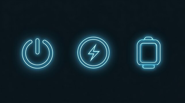 Neon blue power, energy, and smart watch icons on a dark background. Perfect for modern technology interfaces and.
