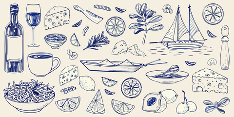 Italian themed Sketch Of Food Citrus And Sailing Elements © Ratan
