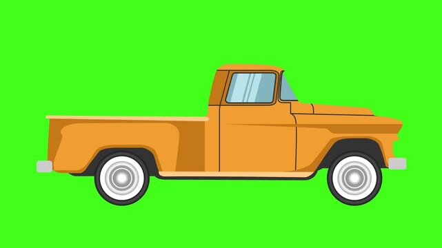 yellow pickup truck flat style on green screen background motion graphic 