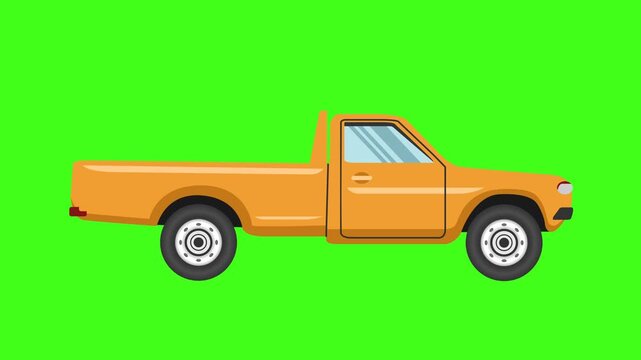 yellow pickup truck flat style on green screen background motion graphic 