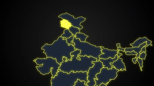 Animated glowing map of Jammu Kashmir, India, with a highlighted outline on a dark background, ideal for geography, travel, news, and infographic projects.