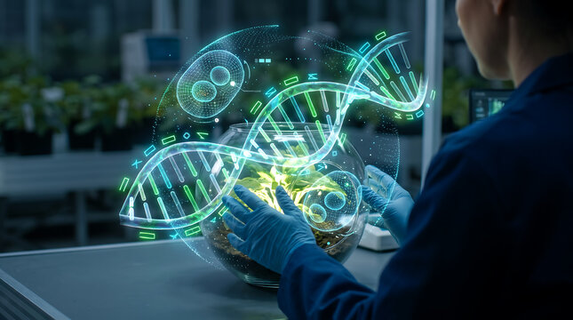 Scientist analyzing DNA hologram in lab. Biotech researcher using 3D digital interface.
