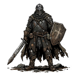 Obraz premium A soldier character in dirty, tattered clothing after battle.
