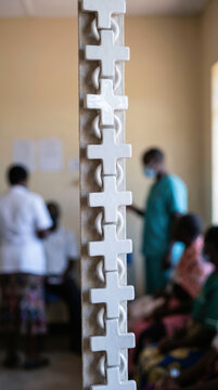 Medical cross strap in medicine and esg clinic with blurred patient and staff in soft light
