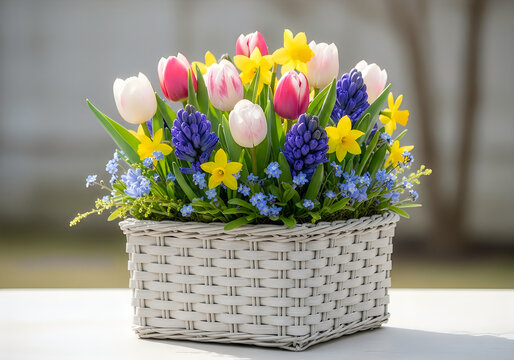 Spring flower arrangement in a white wicker basket daffodils tulips and hyacinths