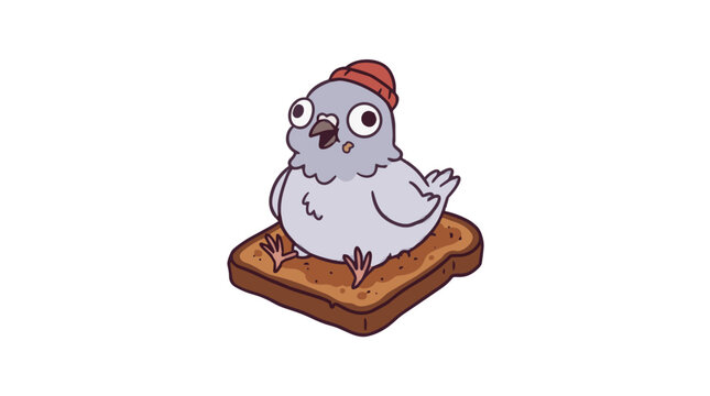 Funny cartoon pigeon wearing a red beanie sitting on a slice of toast