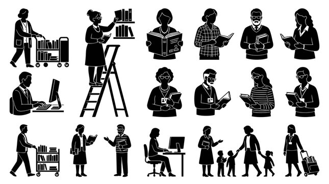 Black and White Glyph Icons: Library Patrons, Librarians, Students, Reading, Books