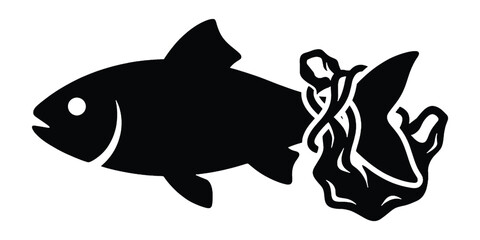 Fototapeta premium Black silhouette of a fish caught in a plastic bag in the ocean