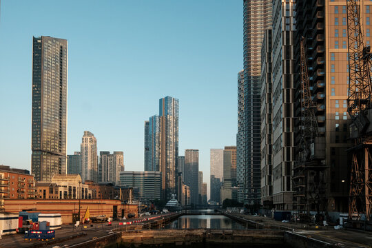 London canary wharf cityscape with modern skyscrapers at millwall dock