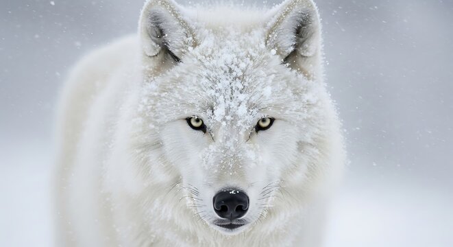 Majestic arctic wolf stares intensely with thick white fur covered in fresh snowflakes during a cold winter day outdoors portrait