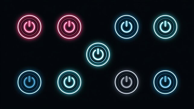 Neon glowing power button icons arranged on a dark background. Perfect for digital interface design and technology.