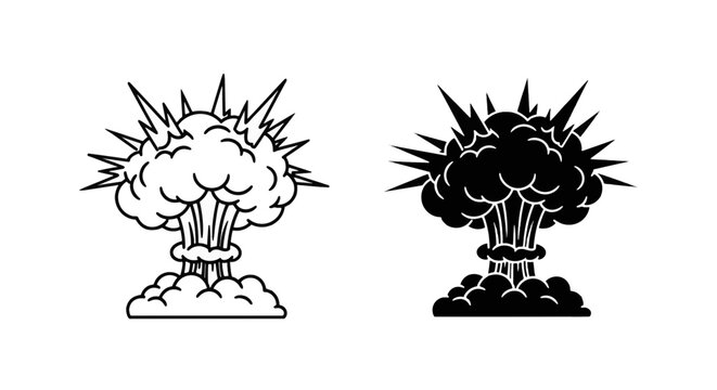 Vector illustration of nuclear explosion icon set, mushroom cloud silhouette and line art on a transparent background