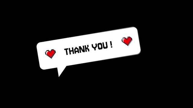 Animation pixel heart and red pixel hearts on black background with thank you text. Suitable for social media posts.