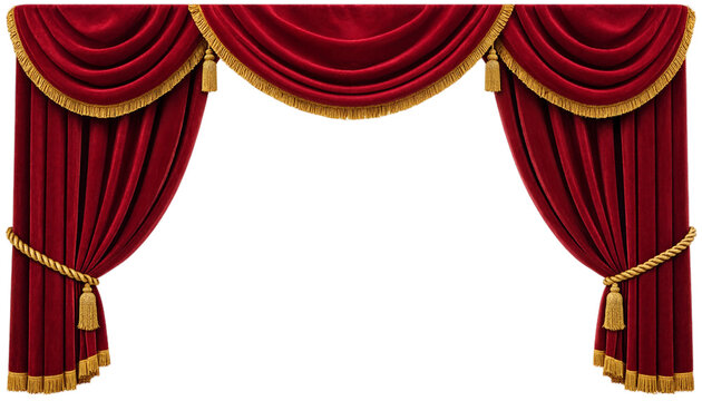 Rich red velvet theater curtains with gold tassels, isolated on transparent background.