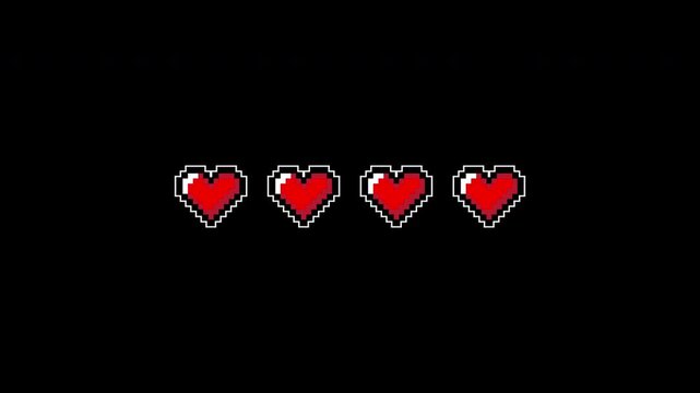 Animation pixel heart on black background perfect for video game life energy health icons. Suitable for gaming designs.