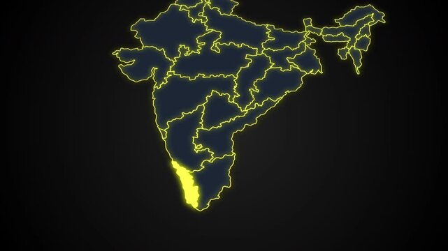 Animated glowing map of Kerala, India, with a highlighted outline on a dark background, ideal for geography, travel, news, and infographic projects.