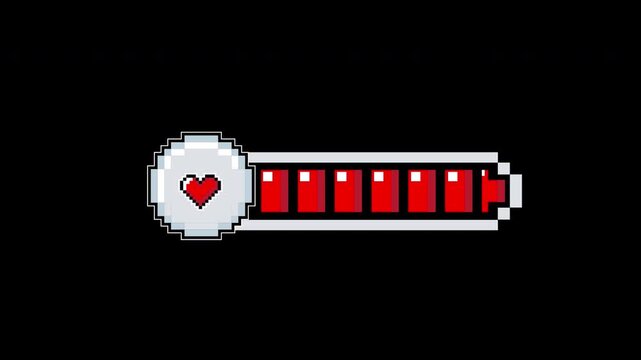 Animation pixel heart icon and health bar perfect for retro video game interfaces. Suitable for gaming websites, social media, and print.