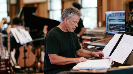 Obraz premium Music Composer Working on Score in Recording Studio with Instruments and Digital Screens