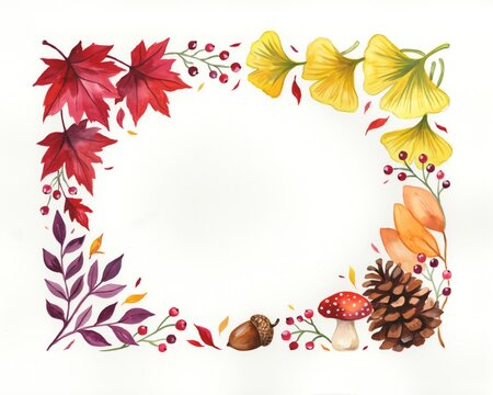 Autumn watercolor frame with maple leaves, ginkgo leaves, berries, and pinecone
