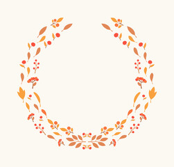 Obraz premium Elegant circular frame or wreath composed of various autumn leaves and berries, can be used as natural decorative border for greeting cards or invitations