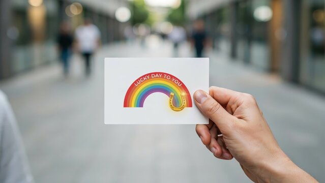 Hand holding a card with a rainbow and horseshoe illustration