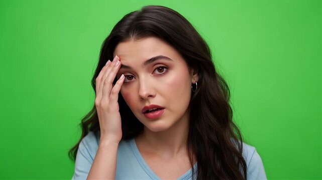 Young woman with a confused expression showing uncertainty and thoughtfulness in front of vivid contrast tones, conveying emotion and reflection on green screen background