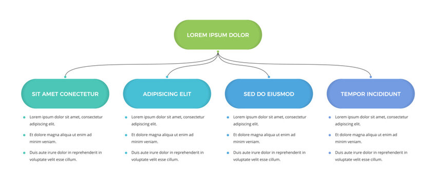 Hierarchical flowchart infographic template with a central node and four connected sections, suitable for business planning and data visualization