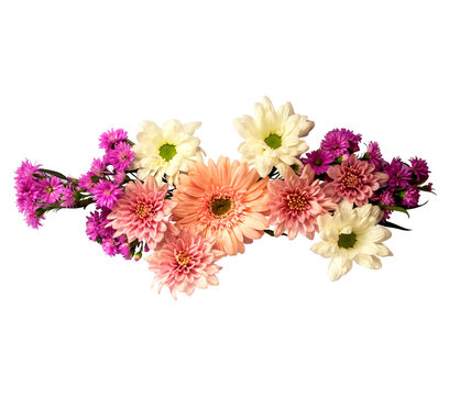 Colorful Flowers Arrangement Daisy, Gerbera, Aster, Chrysanthemum, Top View, Transparent Background Ornaments for Wedding Card or Greeting Card