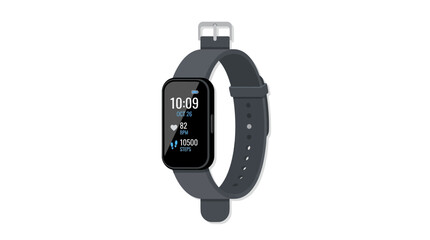Modern digital wristwatch displaying time and fitness data on isolated white background
