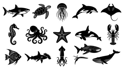 Obraz premium Black and White Vector Icons of Ocean Sea Marine Animals - Vector Stock