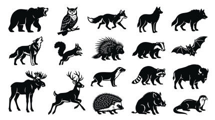 Fototapeta premium Black and White Silhouettes of Forest Animals Icons, Wildlife Vector Art