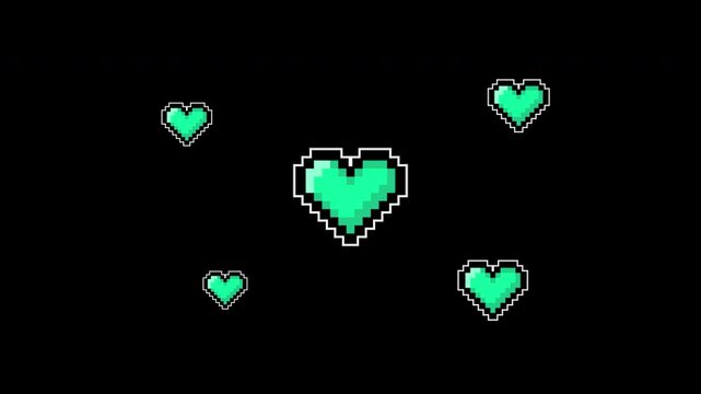 Animation pixel heart on black background, suitable for graphic design projects, art aesthetics, and symbolism in various creative applications.
