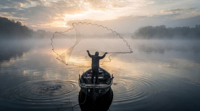 Lone fisherman casting a net on a tranquil misty lake at sunrise