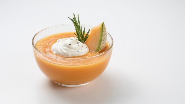 Cold cantaloupe soup with whipped cream and rosemary isolated on white background