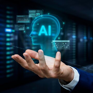 Conceptual image of artificial intelligence with a digital human head hologram