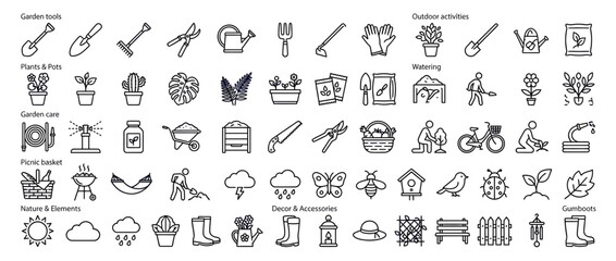 Naklejka premium Hand-drawn garden icons collection, various activities and tools