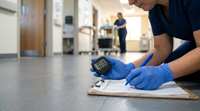 Environmental services team verifying disinfectant contact time using a timer and checklist